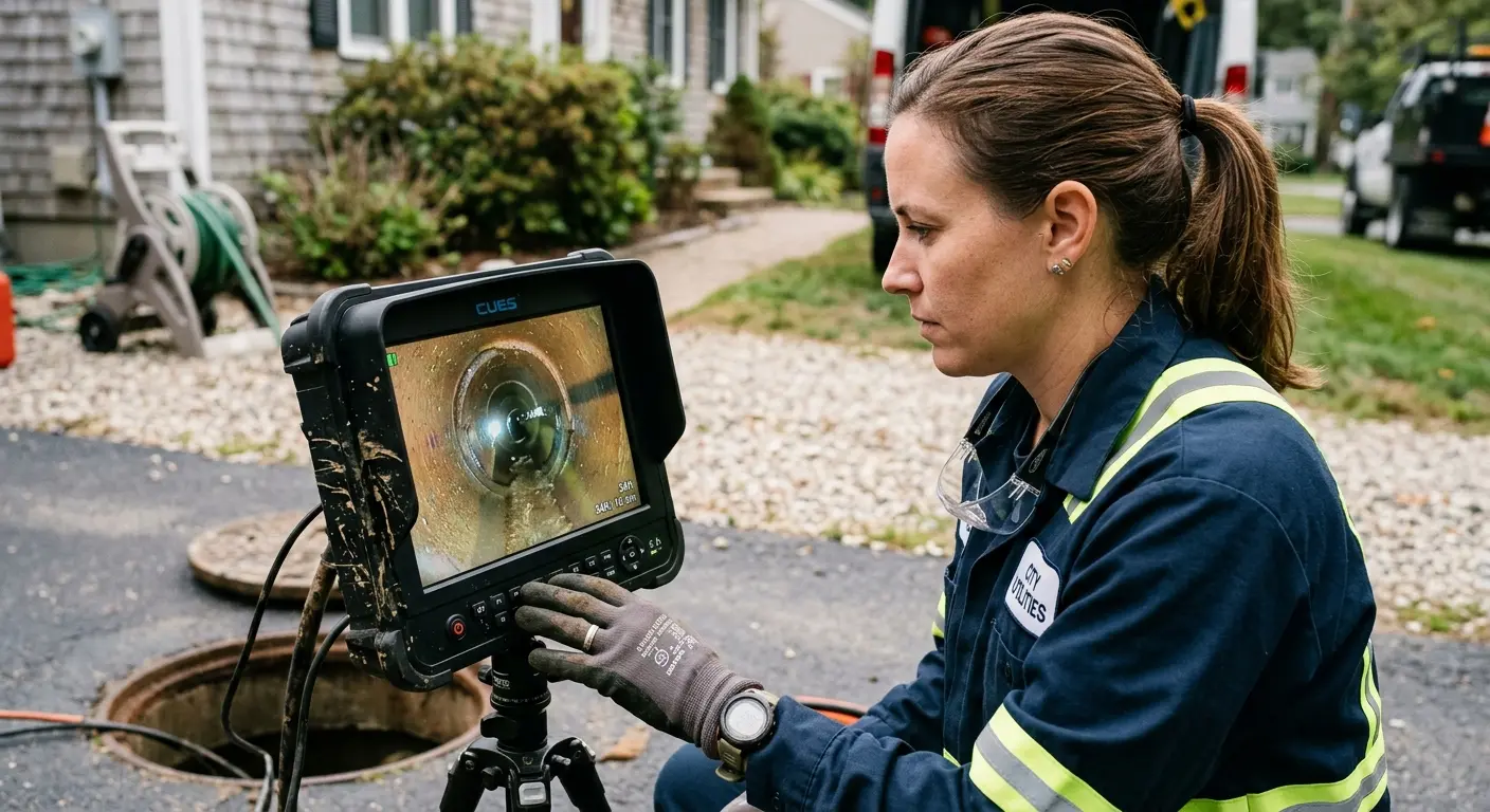 Technician reviewing sewer camera inspection footage in Indiantown