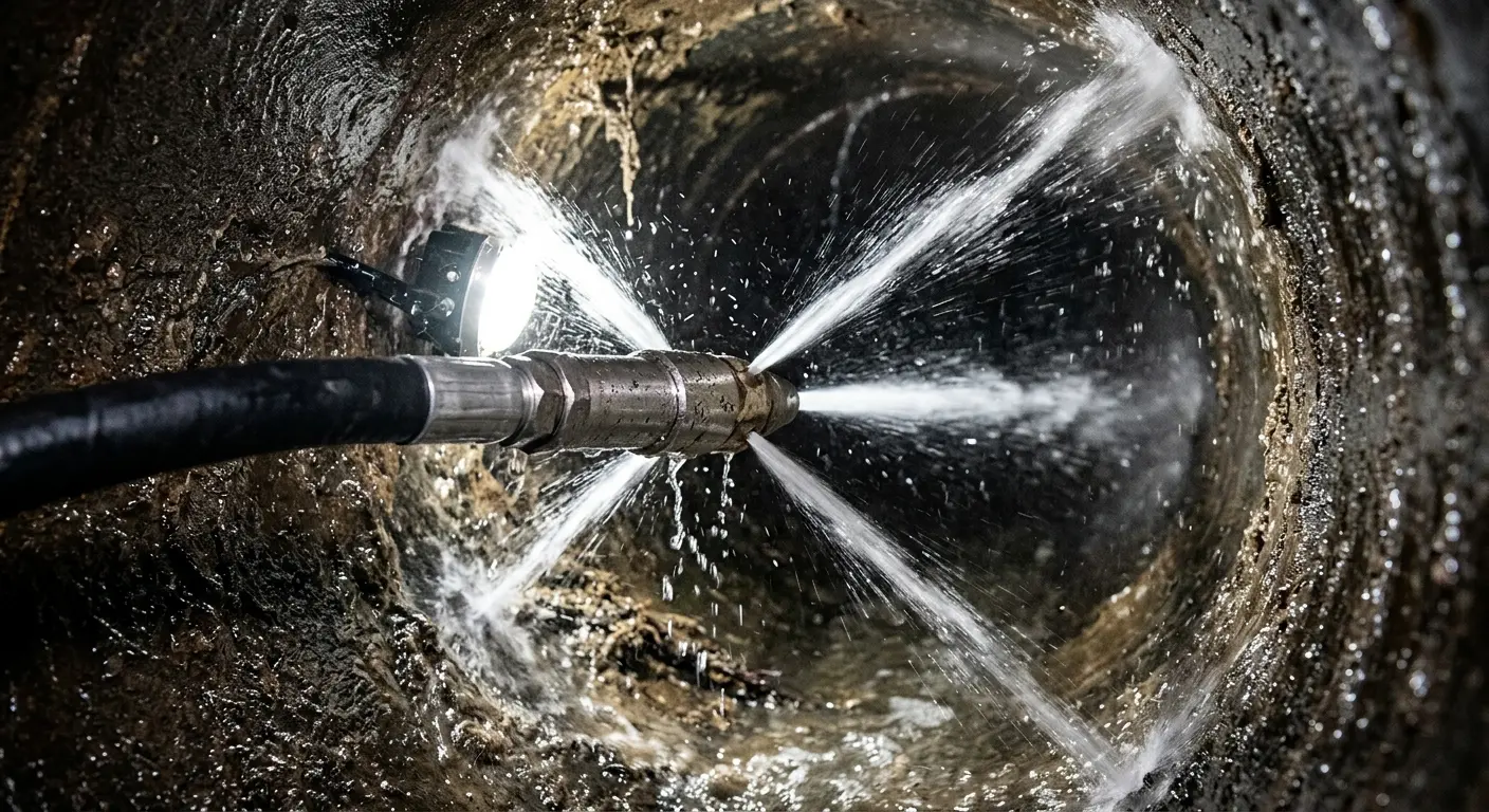 High-pressure hydro jetting nozzle cleaning sewer pipe for Emergency Drain Service in Indiantown