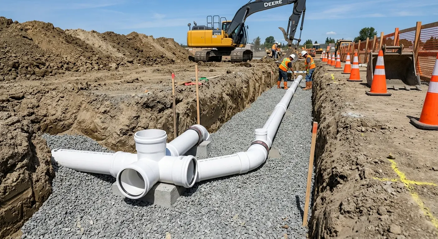 New PVC sewer pipe installation in open trench for Sewer Backup in Indiantown