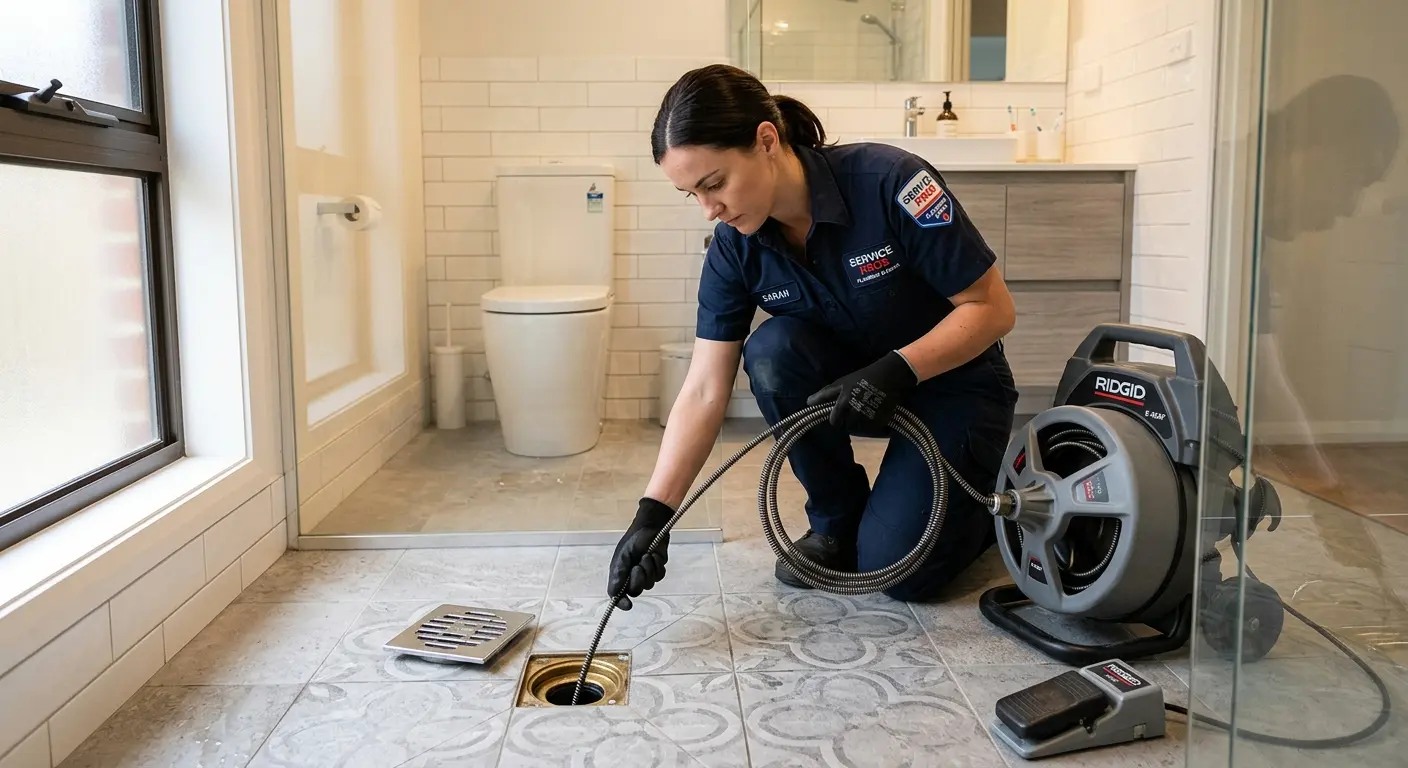 Technician clearing a bathroom floor drain for Hydro Jetting in Indiantown